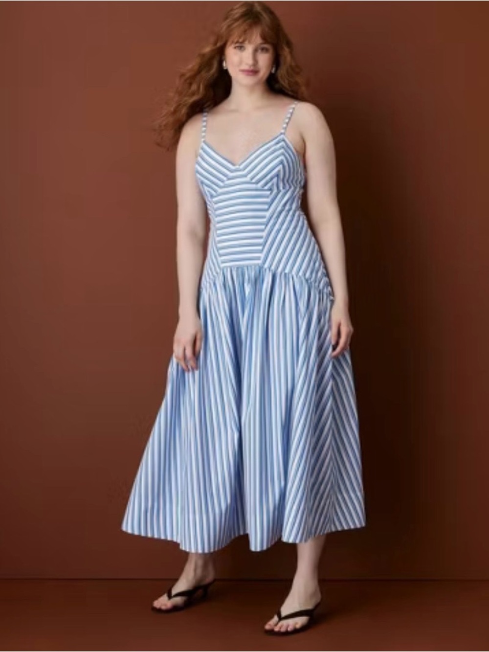 Rosie Assoulin Sleeveless Drop Waist Light Blue and White Striped Midi Dress